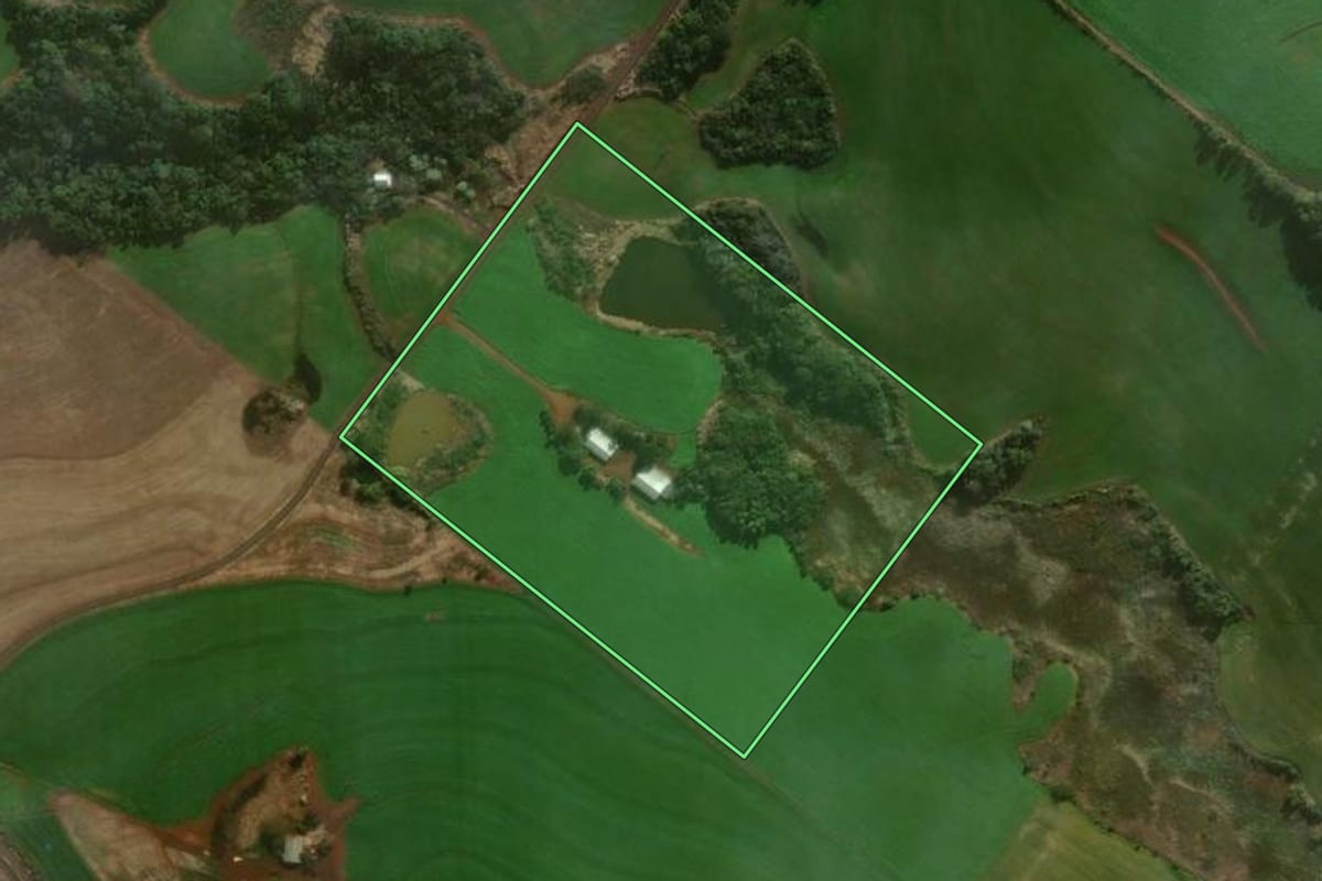 Imagem de satélite do imóvel rural em Chopinzinho (PR), com o contorno declarado no CAR desenhado por cima.
