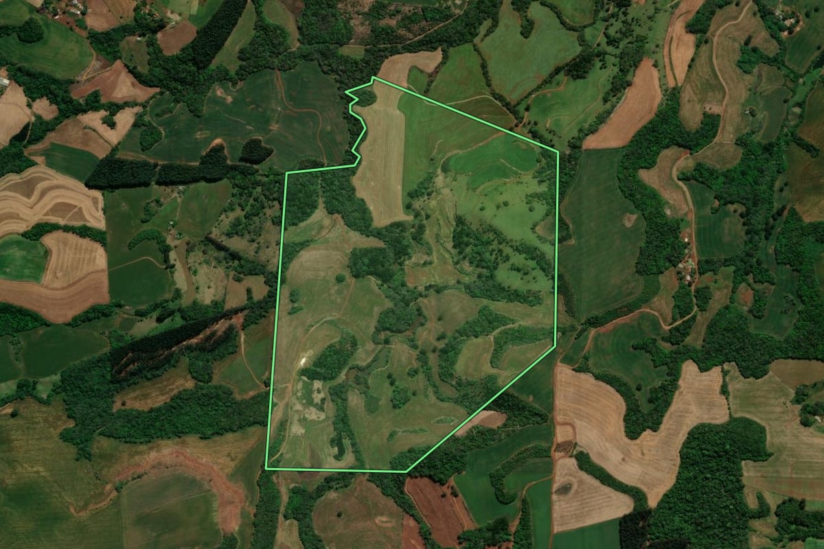 Imagem de satélite do imóvel rural em Chopinzinho (PR), com o contorno declarado no CAR desenhado por cima.