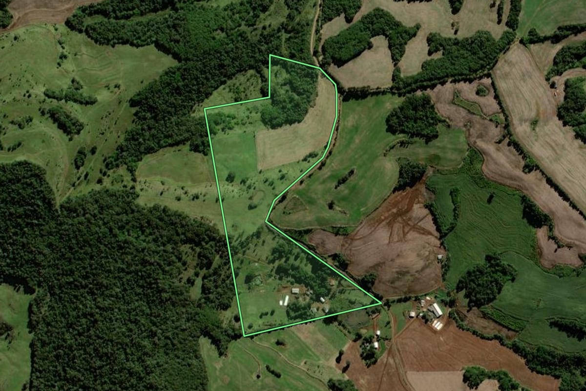Imagem de satélite do imóvel rural em Chopinzinho (PR), com o contorno declarado no CAR desenhado por cima.