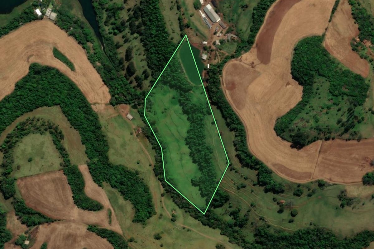 Imagem de satélite do imóvel rural em Chopinzinho (PR), com o contorno declarado no CAR desenhado por cima.