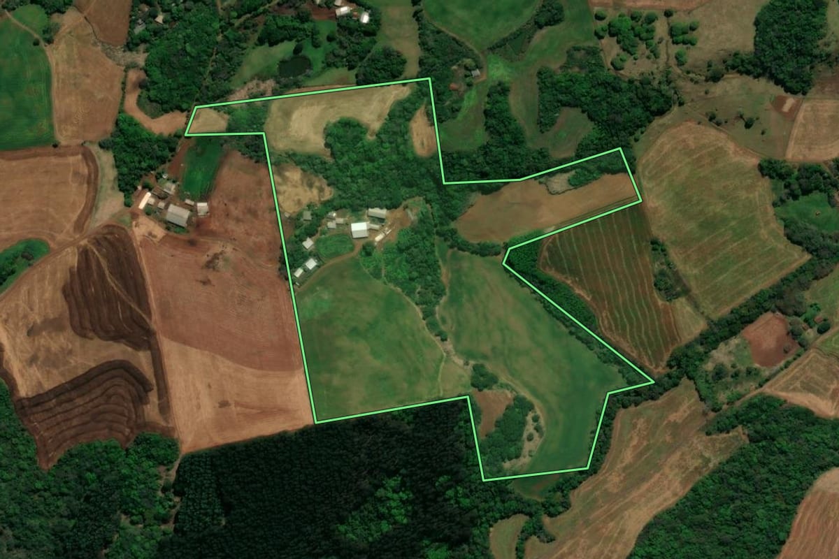 Imagem de satélite do imóvel rural em Chopinzinho (PR), com o contorno declarado no CAR desenhado por cima.