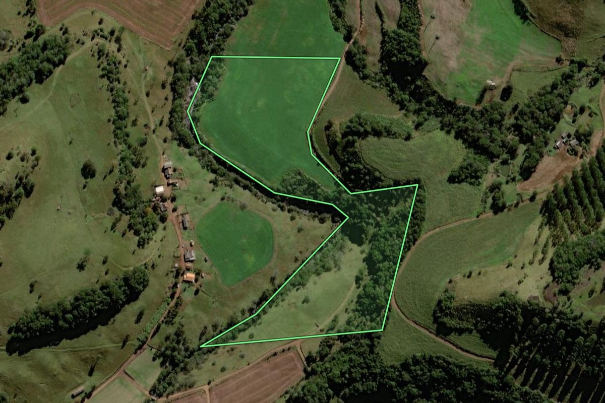 Imagem de satélite do imóvel rural em Chopinzinho (PR), com o contorno declarado no CAR desenhado por cima.