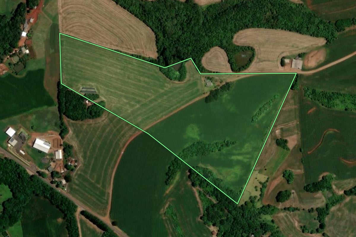 Imagem de satélite do imóvel rural em Chopinzinho (PR), com o contorno declarado no CAR desenhado por cima.