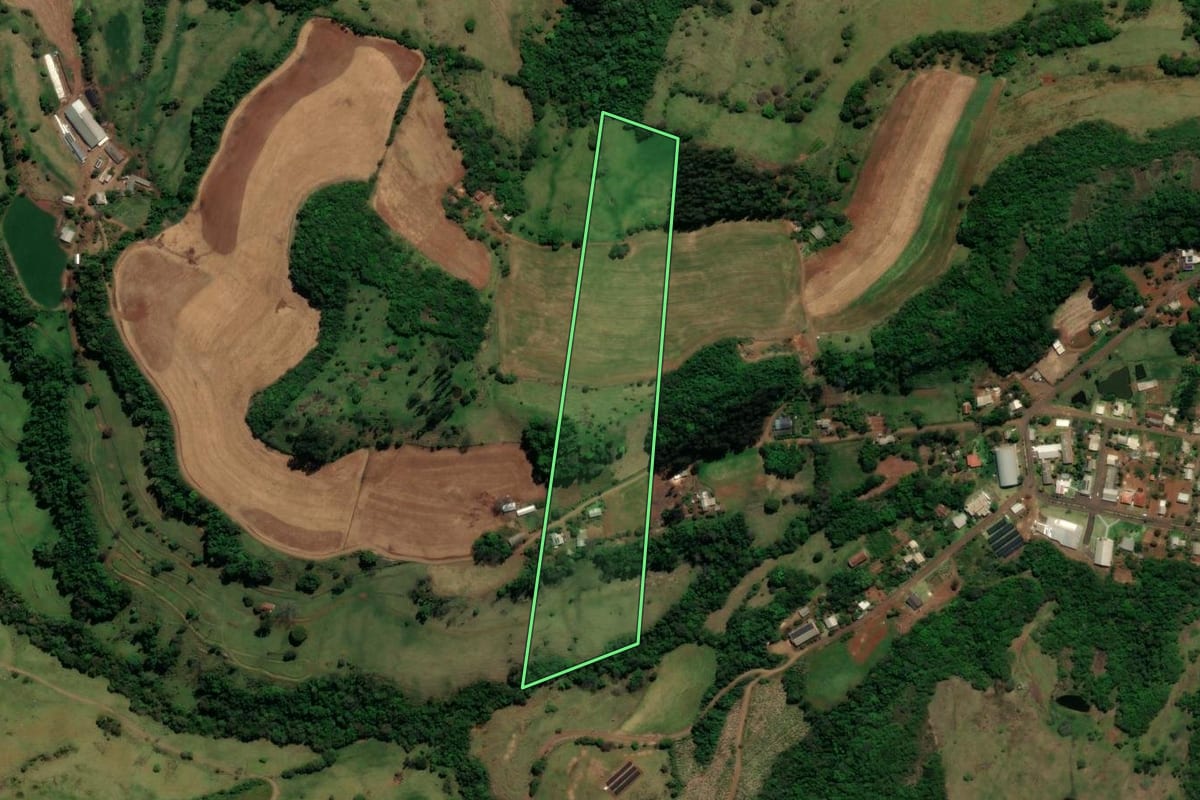Imagem de satélite do imóvel rural em Chopinzinho (PR), com o contorno declarado no CAR desenhado por cima.