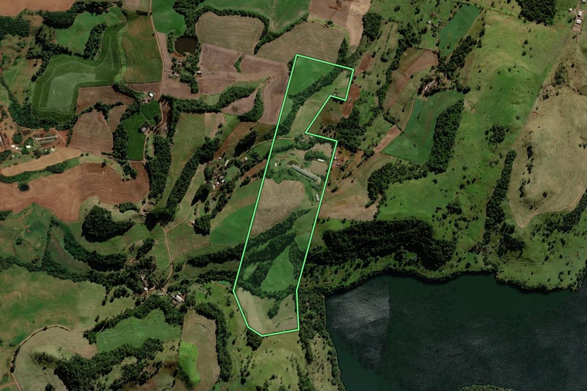 Imagem de satélite do imóvel rural em Chopinzinho (PR), com o contorno declarado no CAR desenhado por cima.