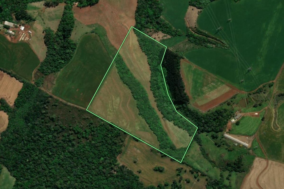 Imagem de satélite do imóvel rural em Chopinzinho (PR), com o contorno declarado no CAR desenhado por cima.