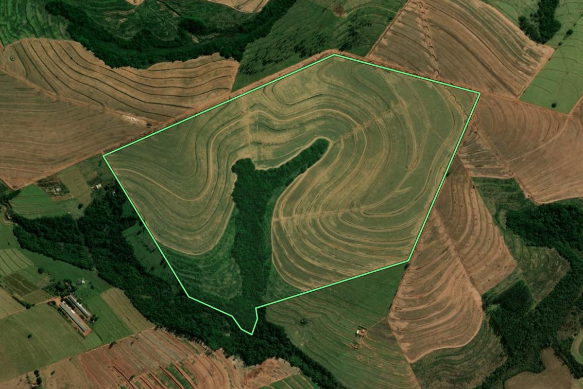 Imagem de satélite do imóvel rural em Cianorte (PR), com o contorno declarado no CAR desenhado por cima.