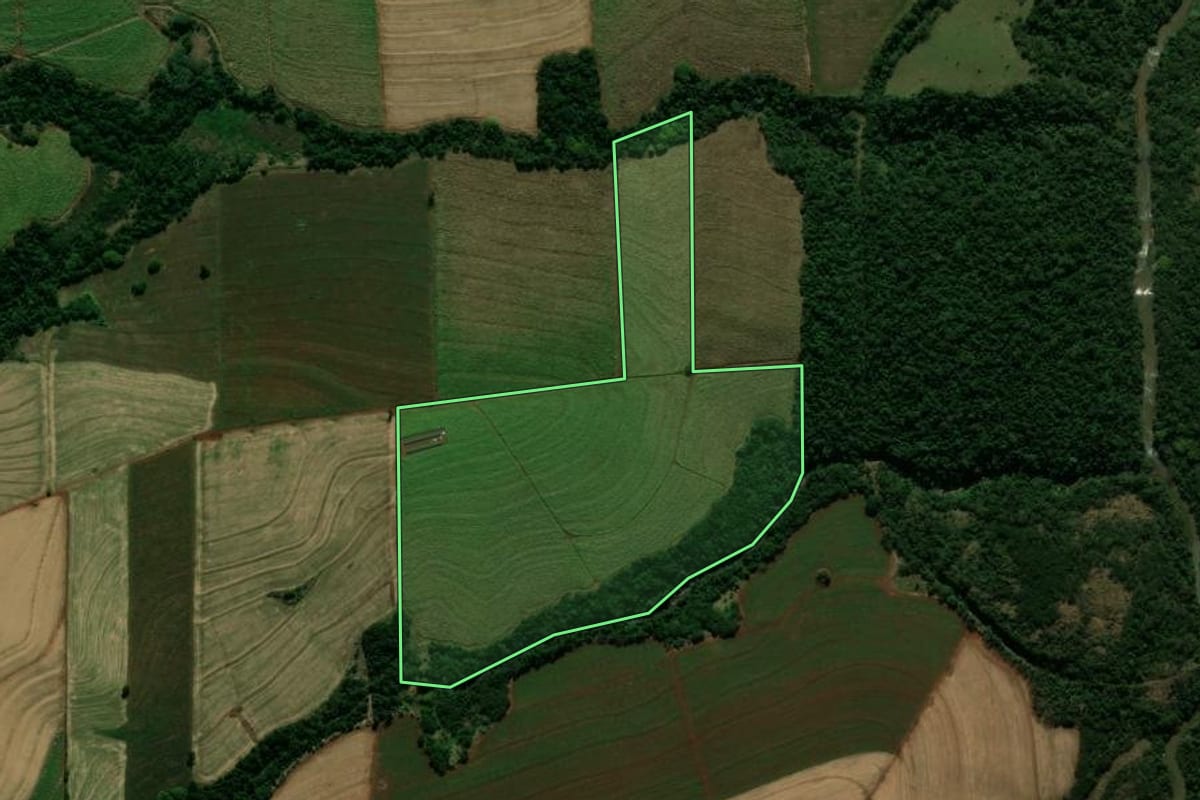 Imagem de satélite do imóvel rural em Cianorte (PR), com o contorno declarado no CAR desenhado por cima.