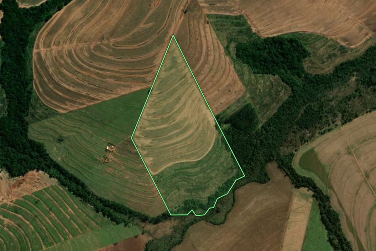 Imagem de satélite do imóvel rural em Cianorte (PR), com o contorno declarado no CAR desenhado por cima.