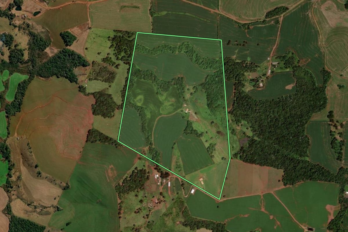 Imagem de satélite do imóvel rural em Clevelândia (PR), com o contorno declarado no CAR desenhado por cima.