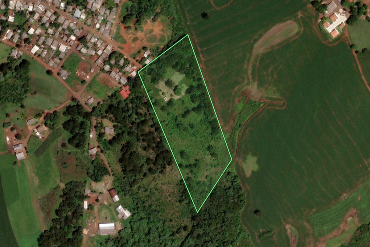 Imagem de satélite do imóvel rural em Clevelândia (PR), com o contorno declarado no CAR desenhado por cima.