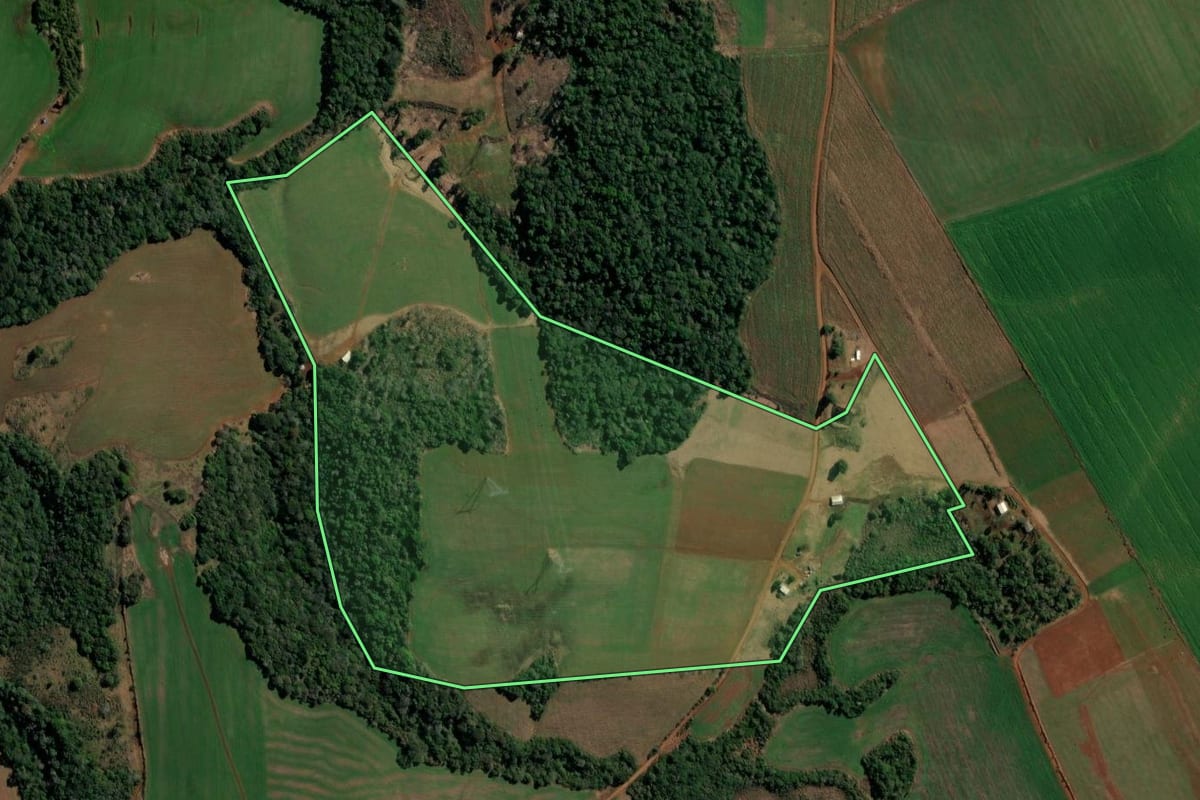 Imagem de satélite do imóvel rural em Clevelândia (PR), com o contorno declarado no CAR desenhado por cima.