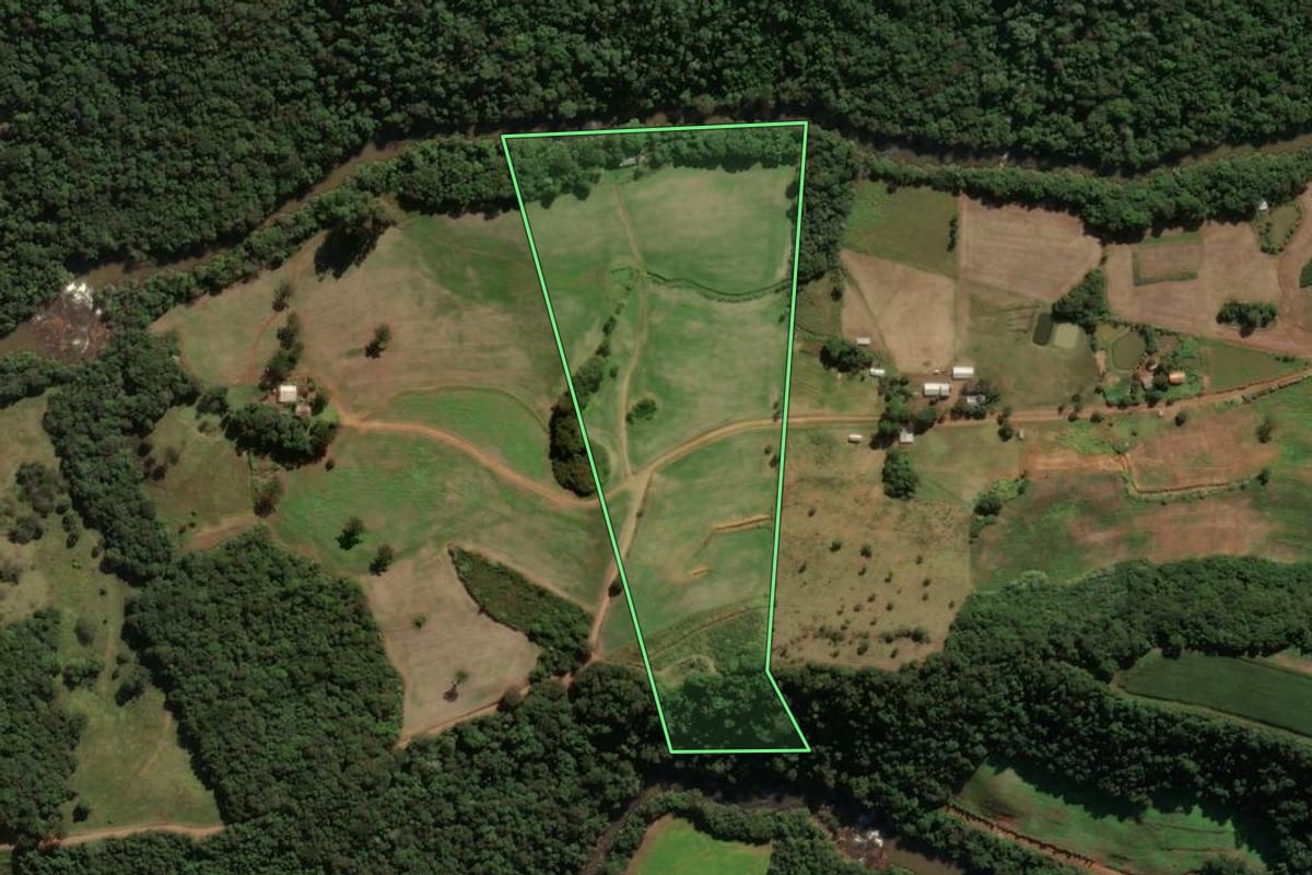 Imagem de satélite do imóvel rural em Clevelândia (PR), com o contorno declarado no CAR desenhado por cima.