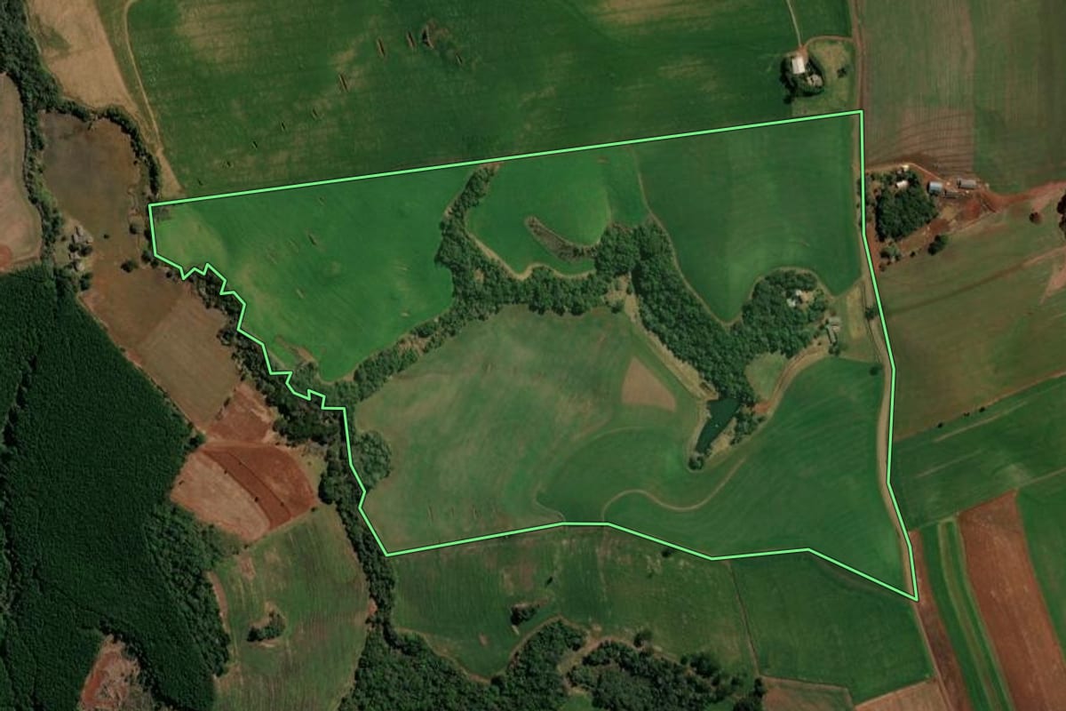 Imagem de satélite do imóvel rural em Clevelândia (PR), com o contorno declarado no CAR desenhado por cima.