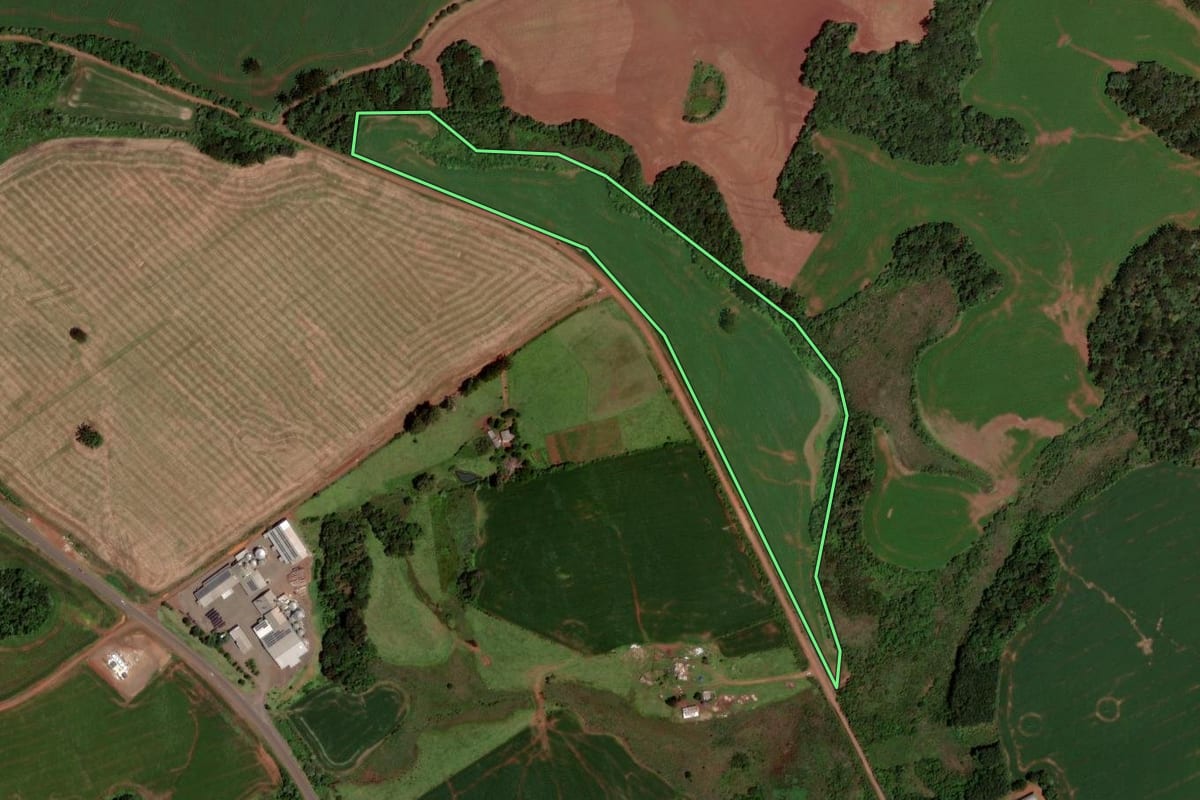 Imagem de satélite do imóvel rural em Clevelândia (PR), com o contorno declarado no CAR desenhado por cima.