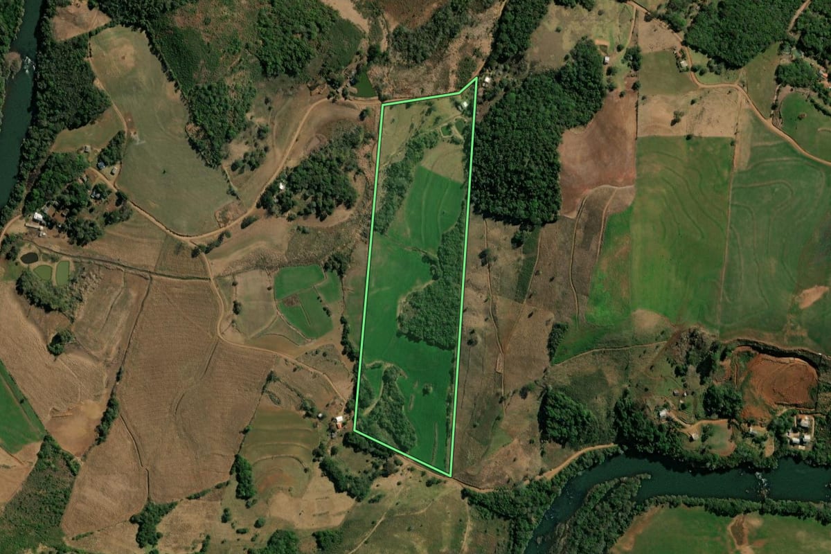 Imagem de satélite do imóvel rural em Clevelândia (PR), com o contorno declarado no CAR desenhado por cima.