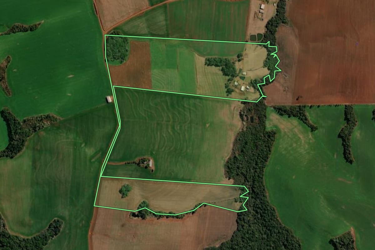 Imagem de satélite do imóvel rural em Clevelândia (PR), com o contorno declarado no CAR desenhado por cima.