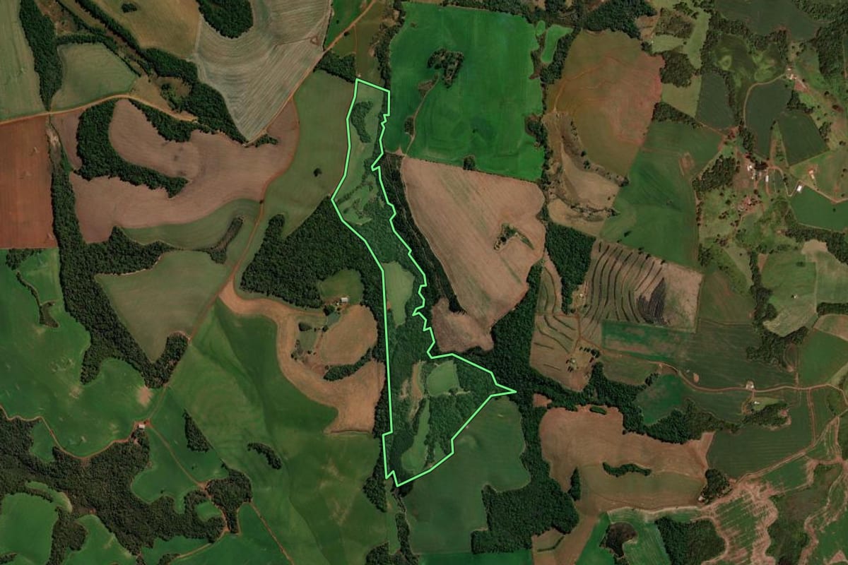 Imagem de satélite do imóvel rural em Clevelândia (PR), com o contorno declarado no CAR desenhado por cima.