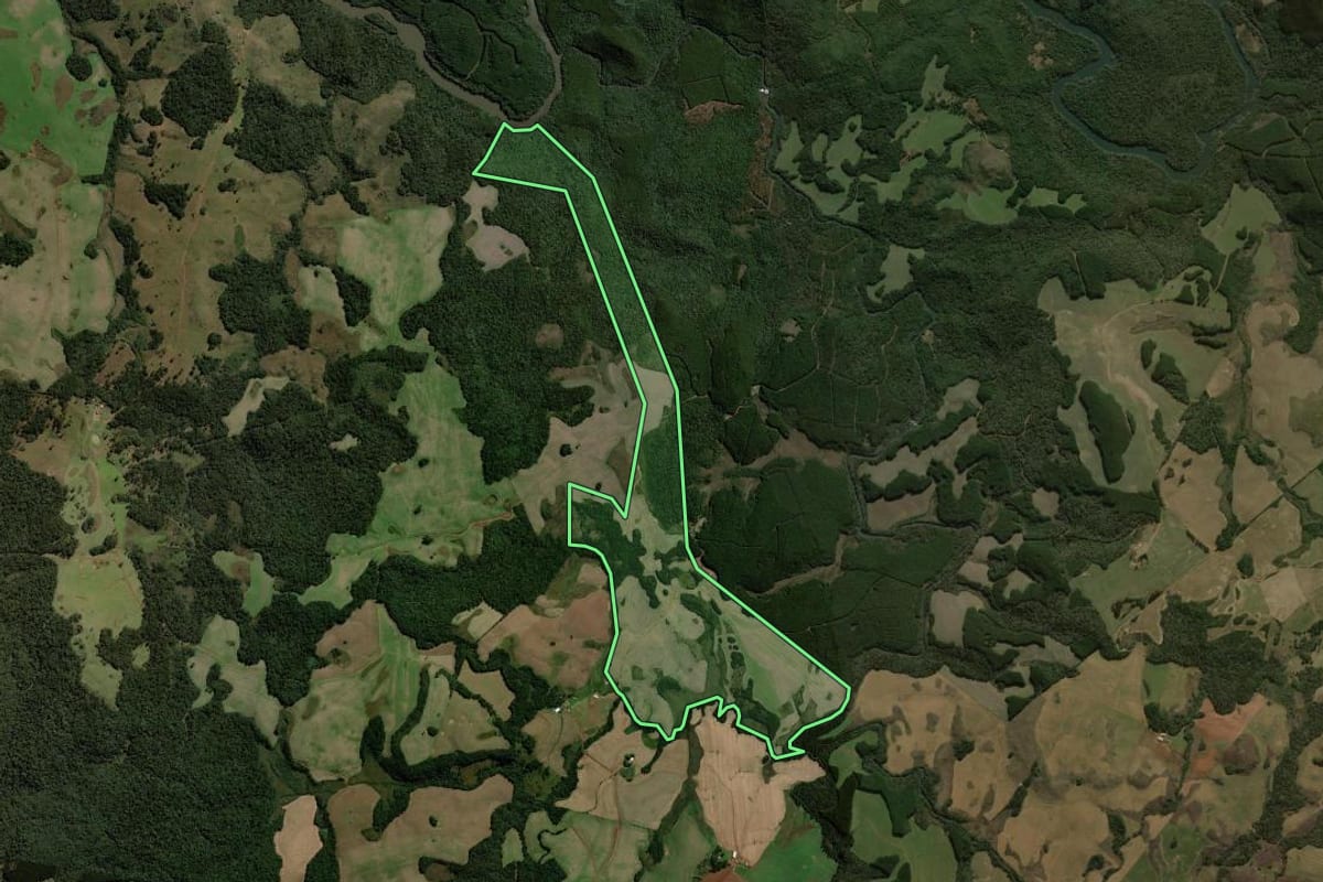 Imagem de satélite do imóvel rural em Clevelândia (PR), com o contorno declarado no CAR desenhado por cima.