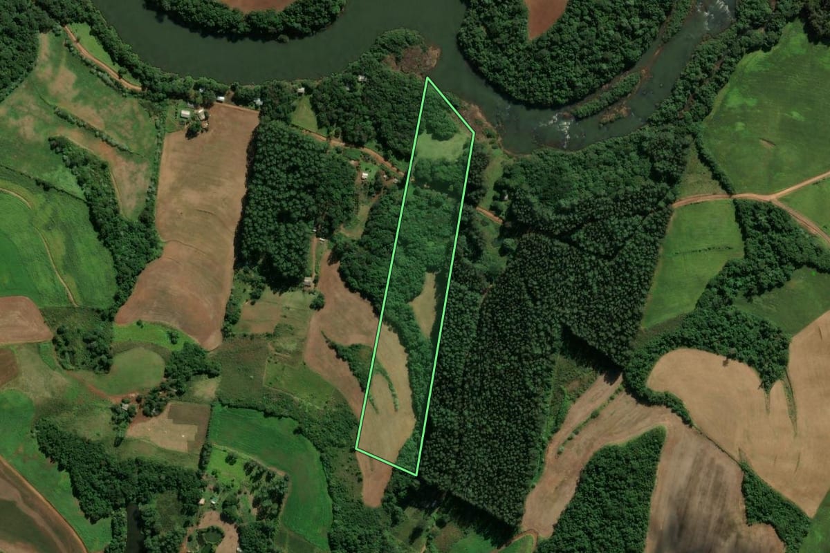 Imagem de satélite do imóvel rural em Clevelândia (PR), com o contorno declarado no CAR desenhado por cima.