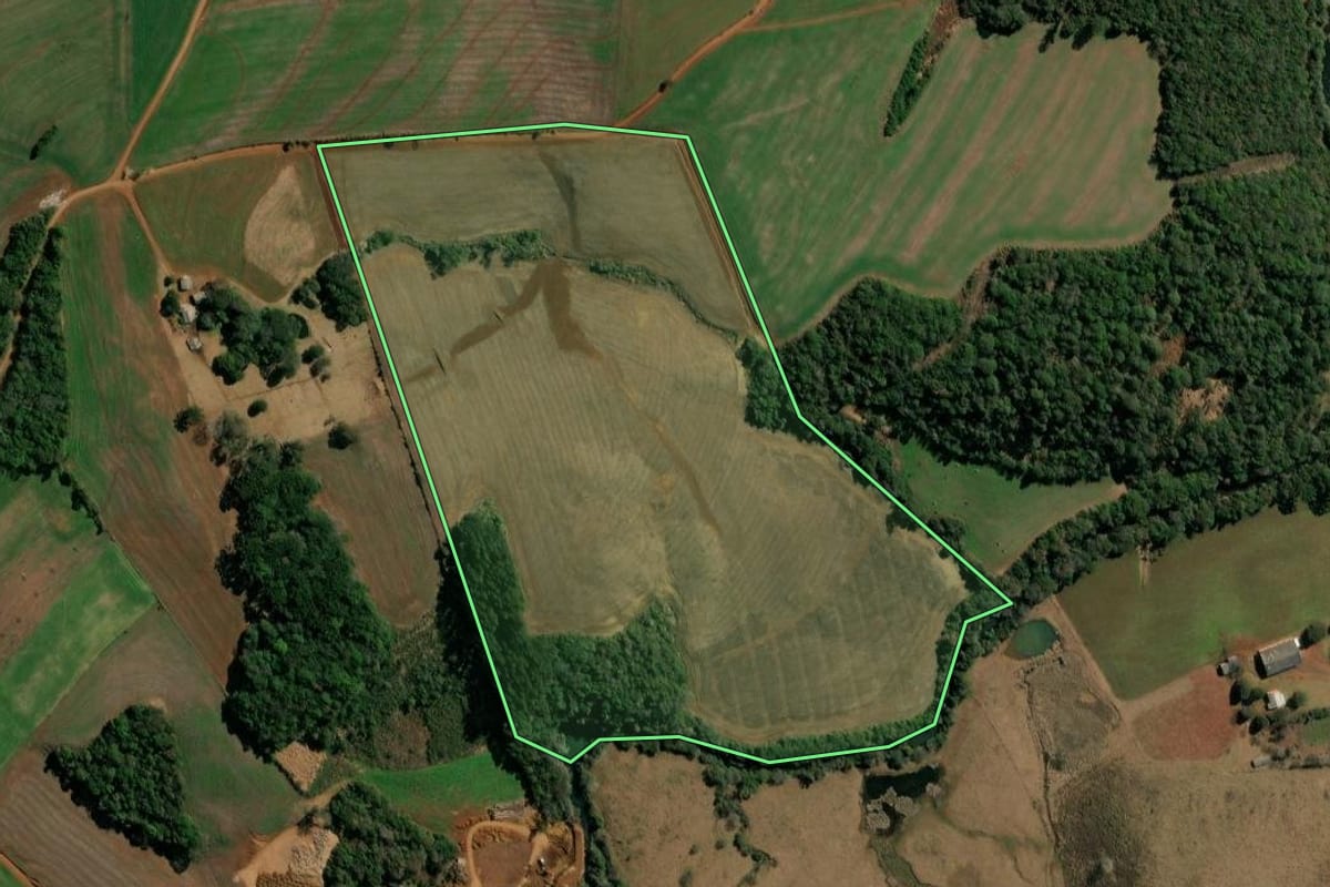 Imagem de satélite do imóvel rural em Clevelândia (PR), com o contorno declarado no CAR desenhado por cima.