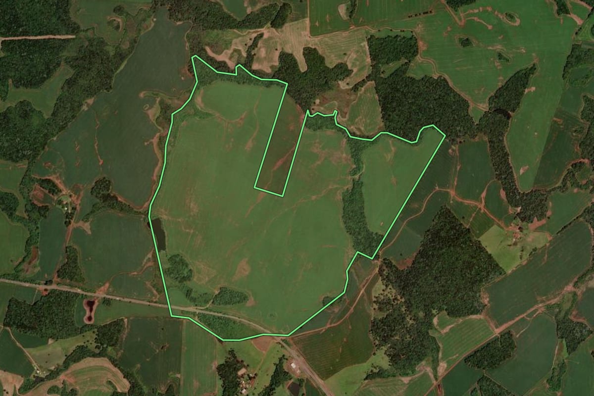 Imagem de satélite do imóvel rural em Clevelândia (PR), com o contorno declarado no CAR desenhado por cima.