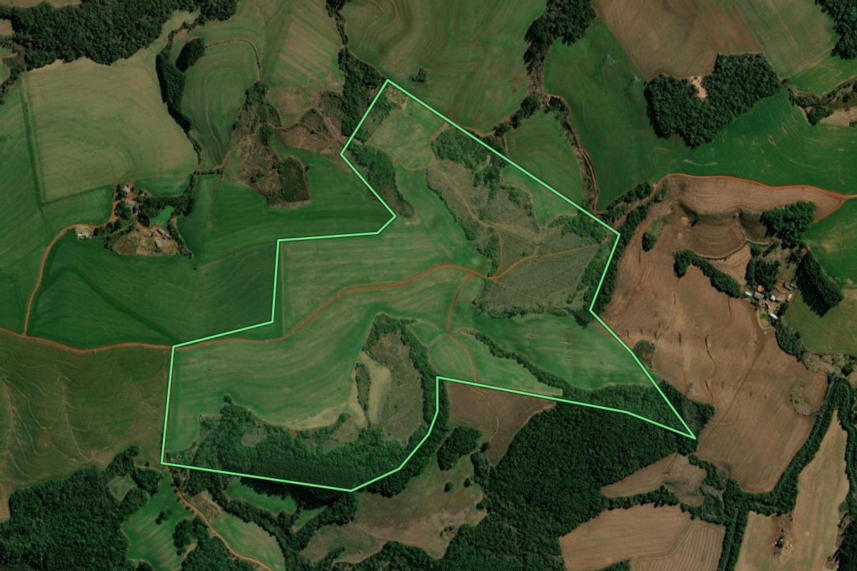 Imagem de satélite do imóvel rural em Clevelândia (PR), com o contorno declarado no CAR desenhado por cima.