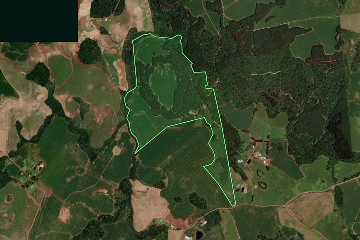 Imagem de satélite do imóvel rural em Clevelândia (PR), com o contorno declarado no CAR desenhado por cima.