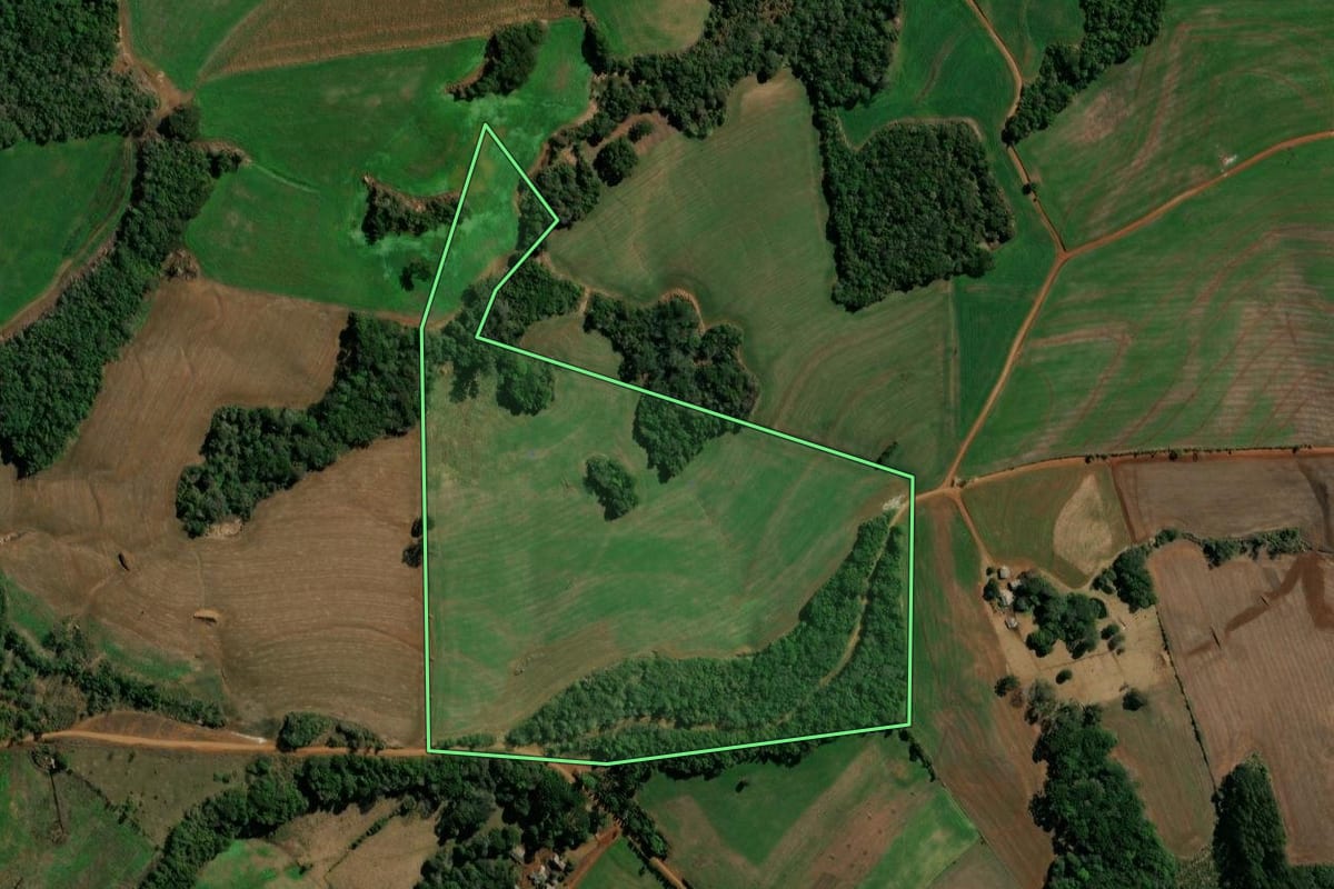 Imagem de satélite do imóvel rural em Clevelândia (PR), com o contorno declarado no CAR desenhado por cima.