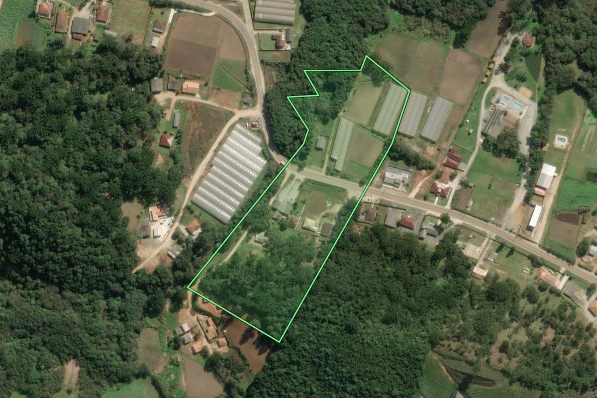 Imagem de satélite do imóvel rural em Colombo (PR), com o contorno declarado no CAR desenhado por cima.
