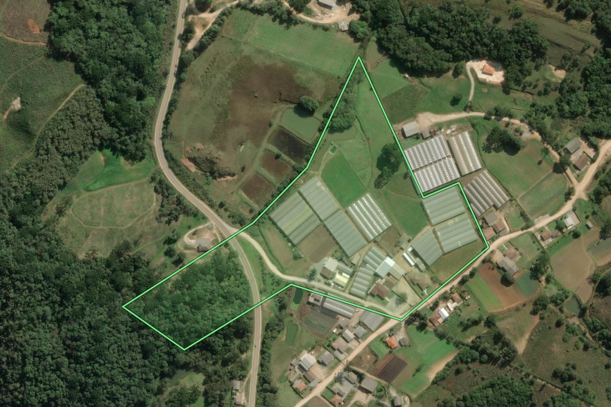Imagem de satélite do imóvel rural em Colombo (PR), com o contorno declarado no CAR desenhado por cima.