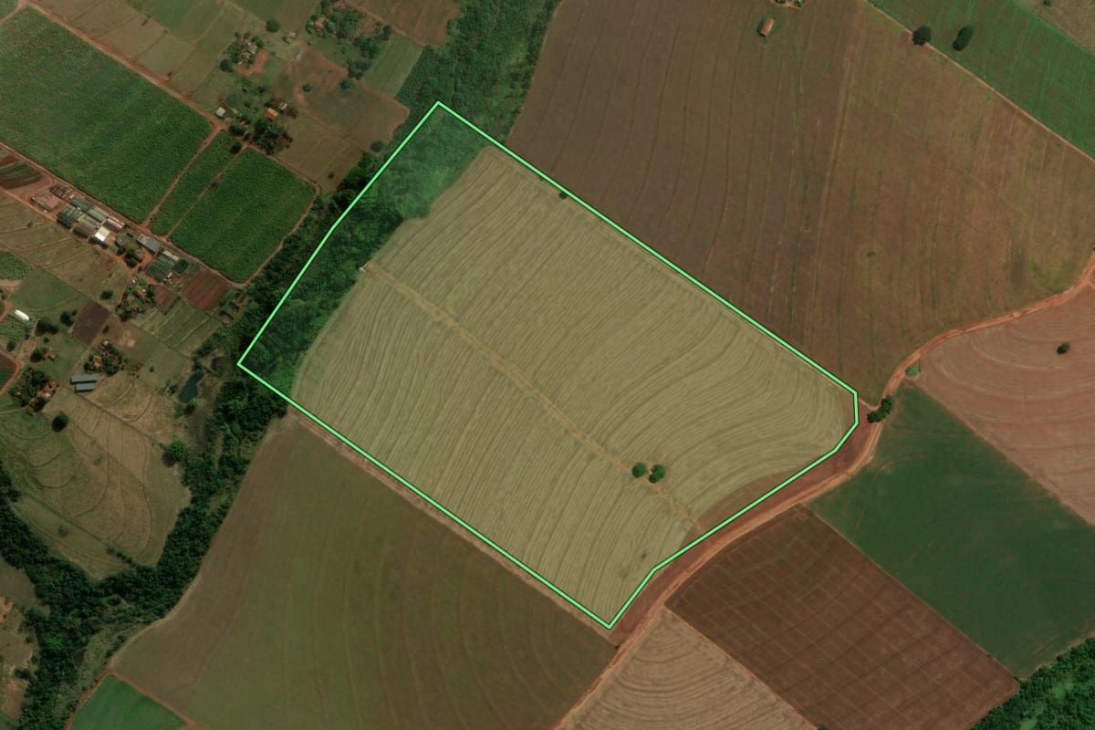 Imagem de satélite do imóvel rural em Colorado (PR), com o contorno declarado no CAR desenhado por cima.