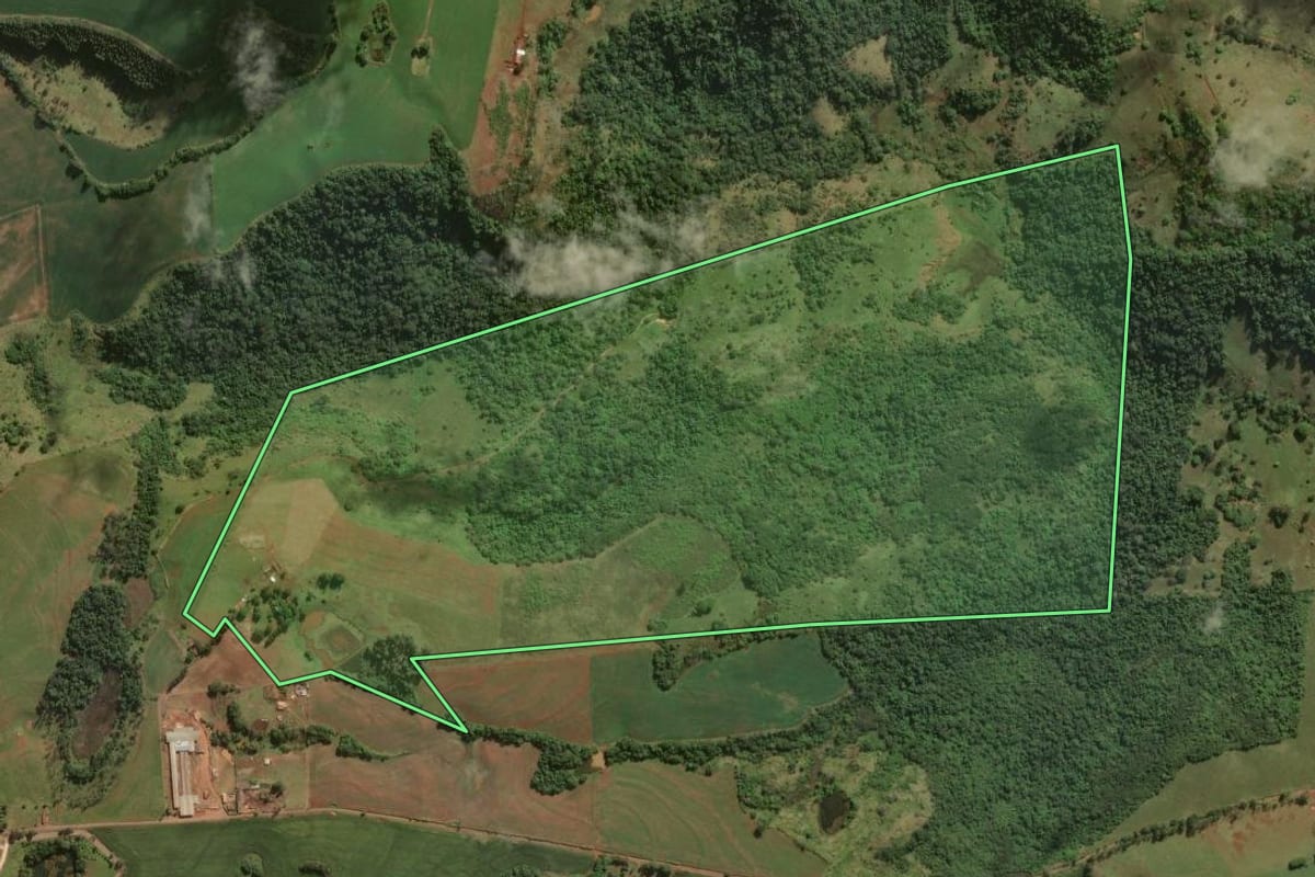 Imagem de satélite do imóvel rural em Congonhinhas (PR), com o contorno declarado no CAR desenhado por cima.