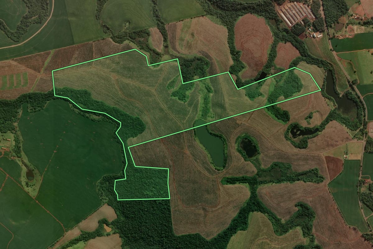 Imagem de satélite do imóvel rural em Congonhinhas (PR), com o contorno declarado no CAR desenhado por cima.
