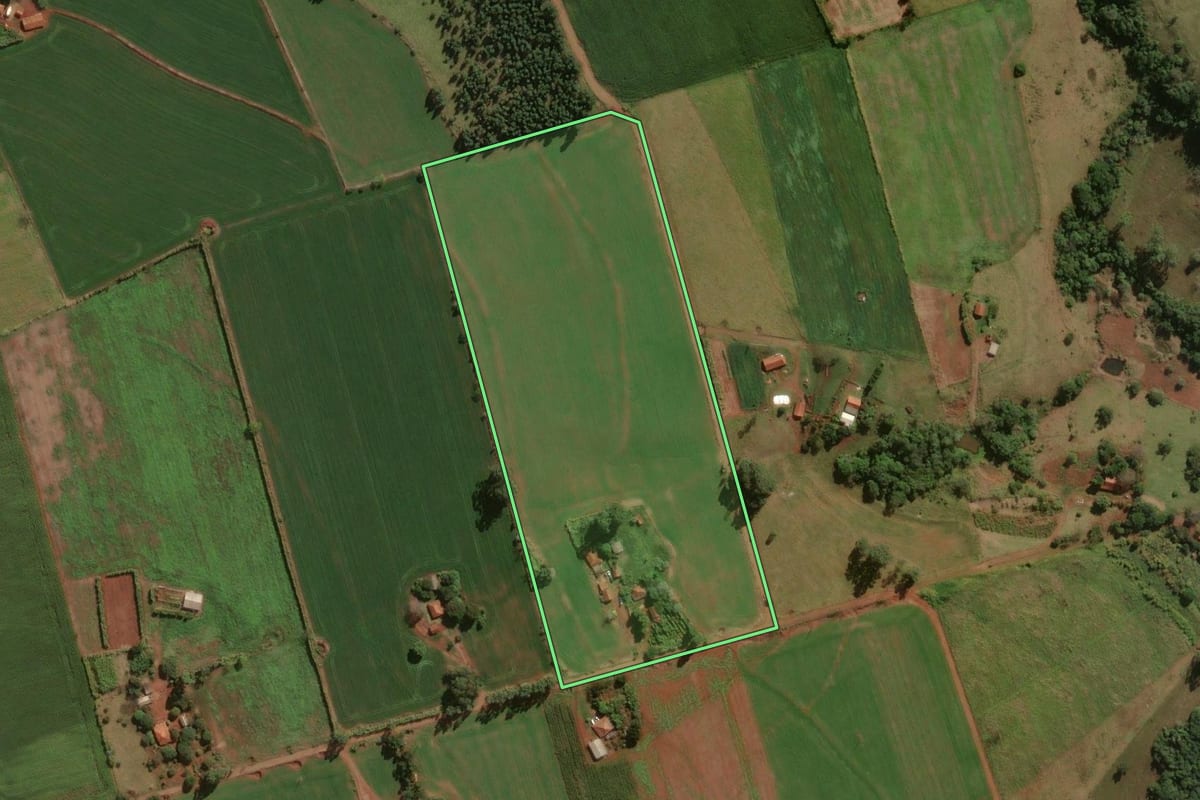 Imagem de satélite do imóvel rural em Congonhinhas (PR), com o contorno declarado no CAR desenhado por cima.