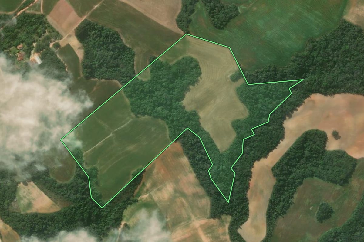 Imagem de satélite do imóvel rural em Contenda (PR), com o contorno declarado no CAR desenhado por cima.