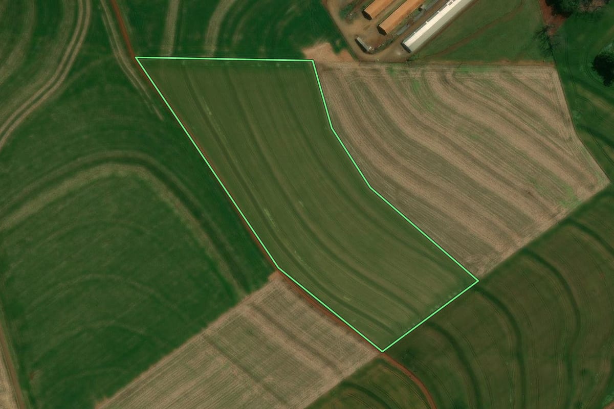 Imagem de satélite do imóvel rural em Corbélia (PR), com o contorno declarado no CAR desenhado por cima.