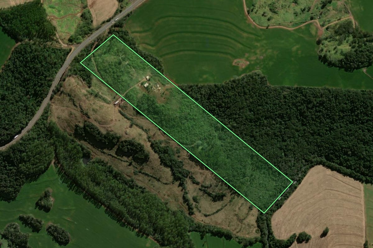 Imagem de satélite do imóvel rural em Corbélia (PR), com o contorno declarado no CAR desenhado por cima.