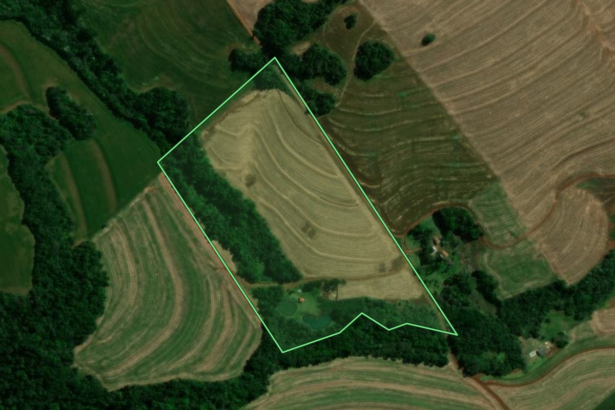 Imagem de satélite do imóvel rural em Corbélia (PR), com o contorno declarado no CAR desenhado por cima.