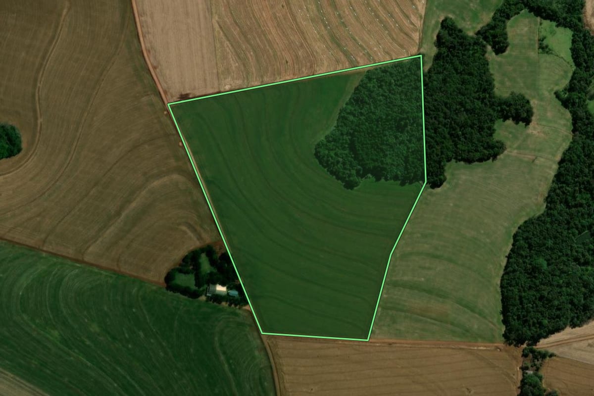 Imagem de satélite do imóvel rural em Corbélia (PR), com o contorno declarado no CAR desenhado por cima.