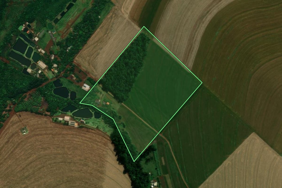 Imagem de satélite do imóvel rural em Corbélia (PR), com o contorno declarado no CAR desenhado por cima.