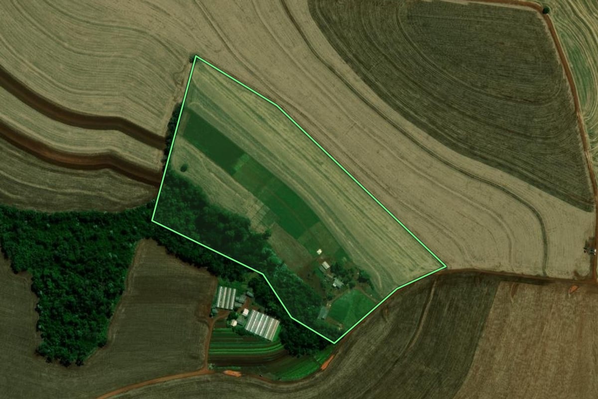 Imagem de satélite do imóvel rural em Corbélia (PR), com o contorno declarado no CAR desenhado por cima.