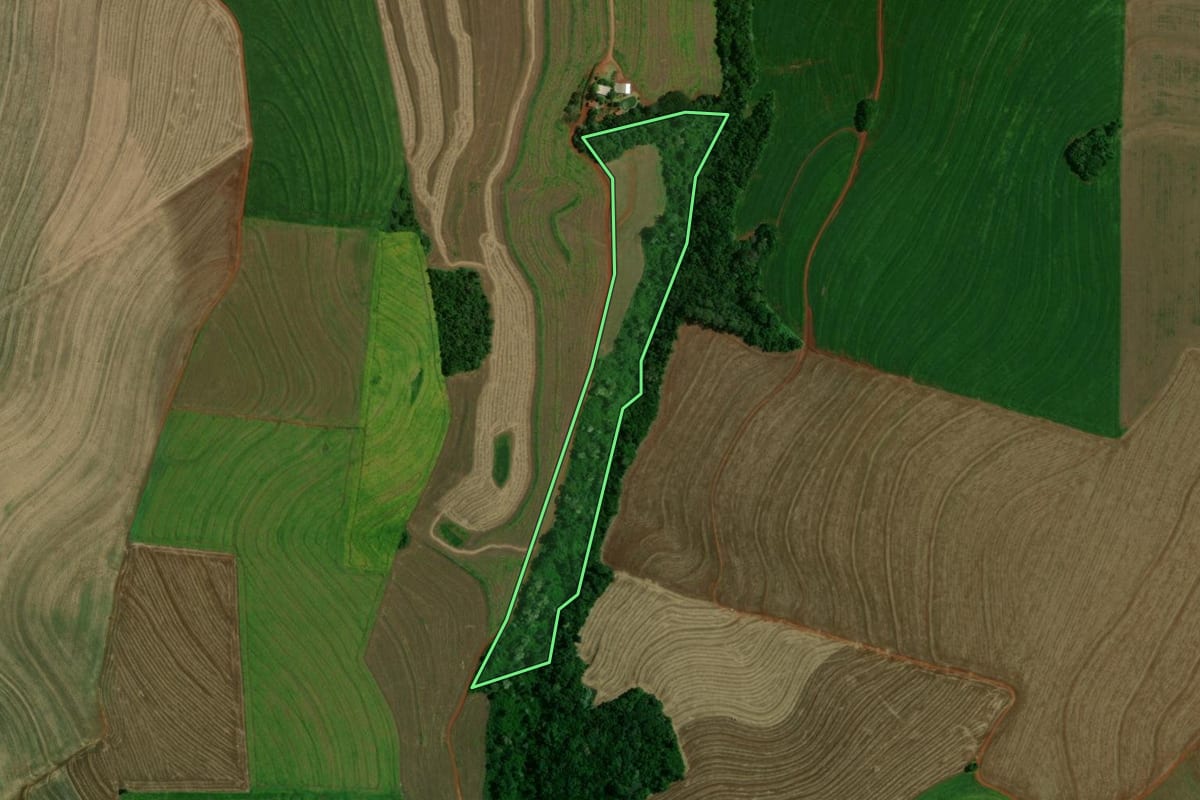 Imagem de satélite do imóvel rural em Corbélia (PR), com o contorno declarado no CAR desenhado por cima.