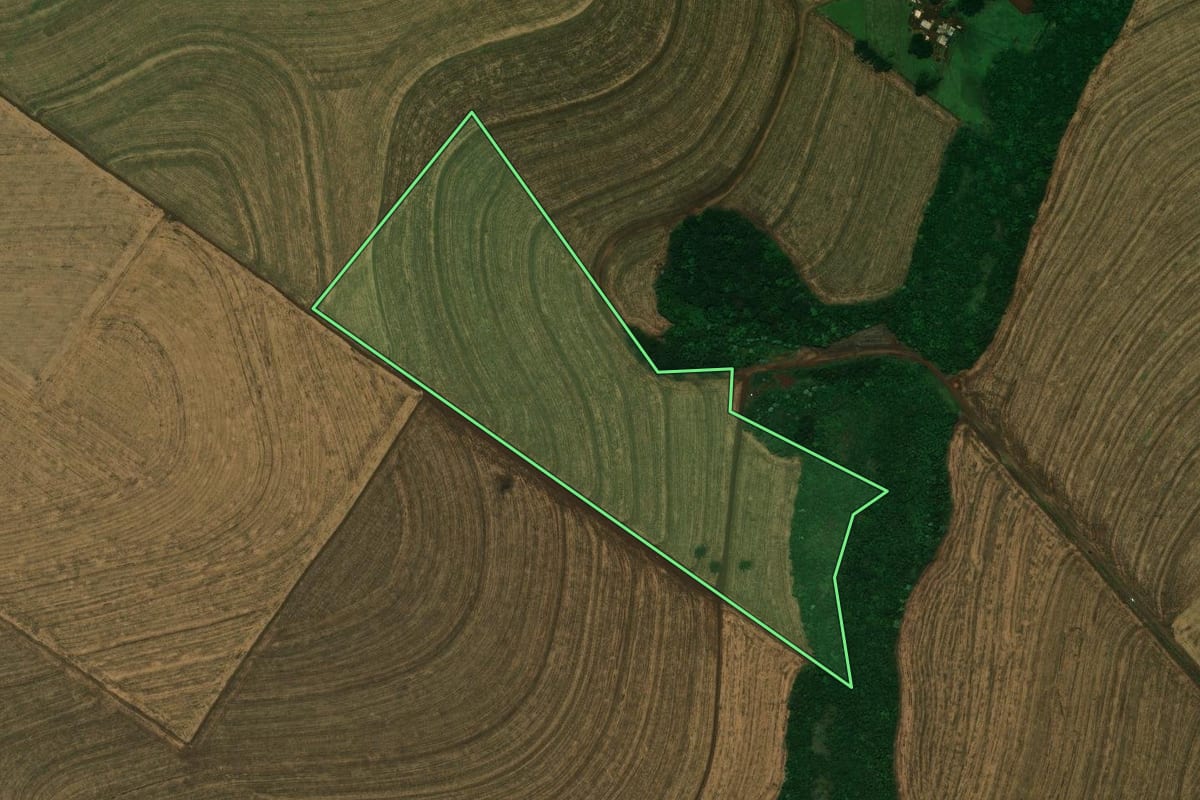 Imagem de satélite do imóvel rural em Corbélia (PR), com o contorno declarado no CAR desenhado por cima.