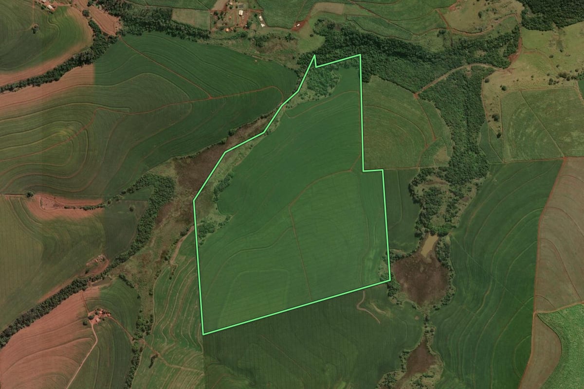 Imagem de satélite do imóvel rural em Cornélio Procópio (PR), com o contorno declarado no CAR desenhado por cima.