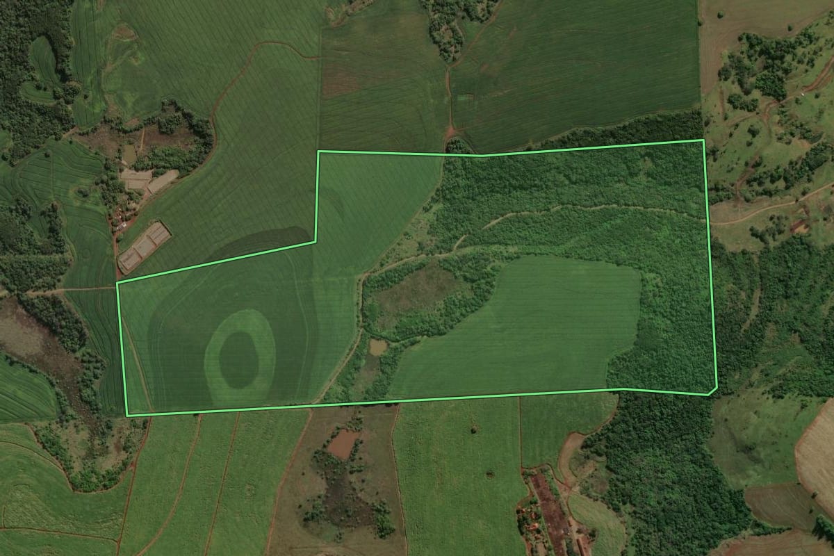 Imagem de satélite do imóvel rural em Cornélio Procópio (PR), com o contorno declarado no CAR desenhado por cima.