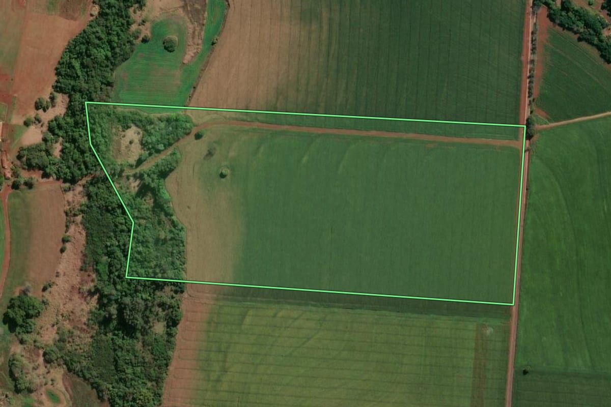 Imagem de satélite do imóvel rural em Cornélio Procópio (PR), com o contorno declarado no CAR desenhado por cima.