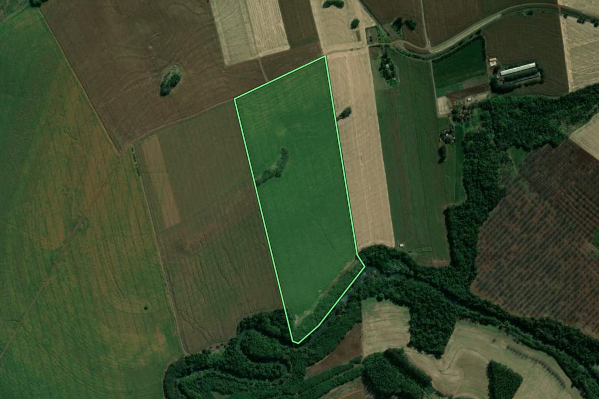 Imagem de satélite do imóvel rural em Cornélio Procópio (PR), com o contorno declarado no CAR desenhado por cima.