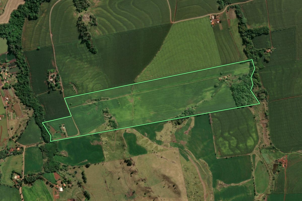 Imagem de satélite do imóvel rural em Cornélio Procópio (PR), com o contorno declarado no CAR desenhado por cima.