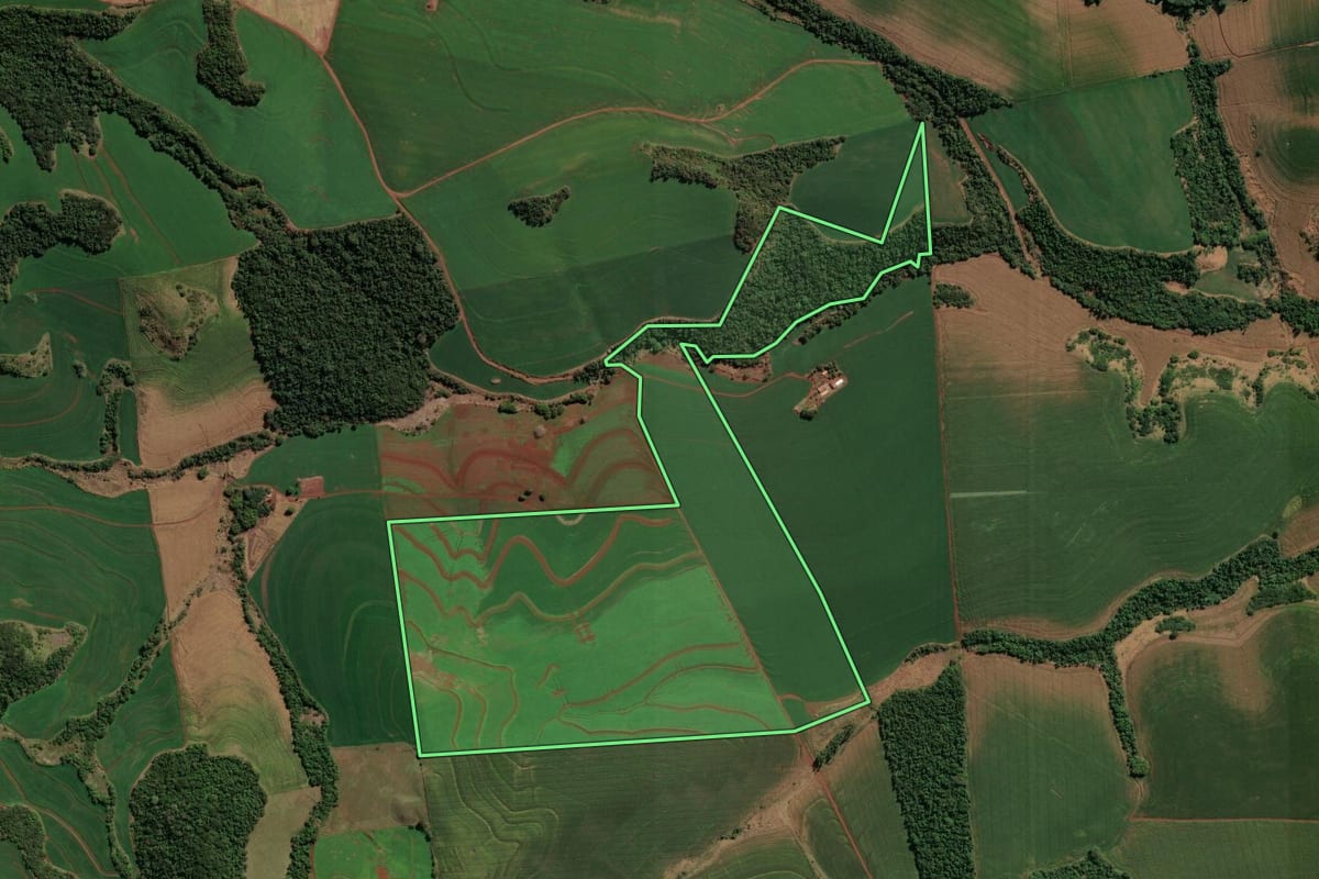 Imagem de satélite do imóvel rural em Cornélio Procópio (PR), com o contorno declarado no CAR desenhado por cima.